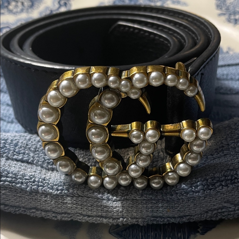 Gucci Black Belt with Gold Pearl Buckle